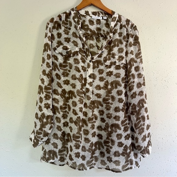 🦋 Susan Graver Lightweight Sheer Brown Cream Floral Long Sleeve Blouse 1X - Picture 1 of 7